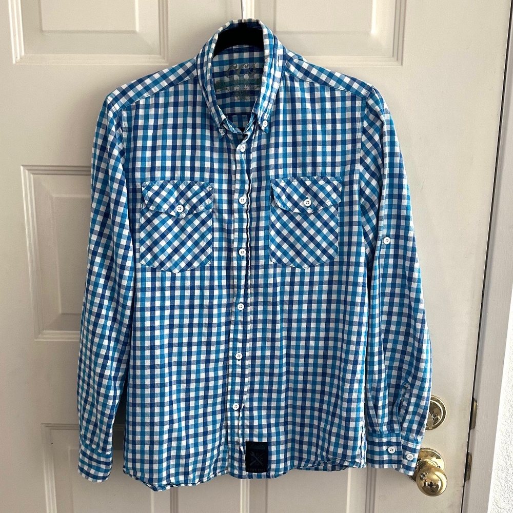 CCS Men's Blue and White Checkered Cotton Long Sleeve Shirt